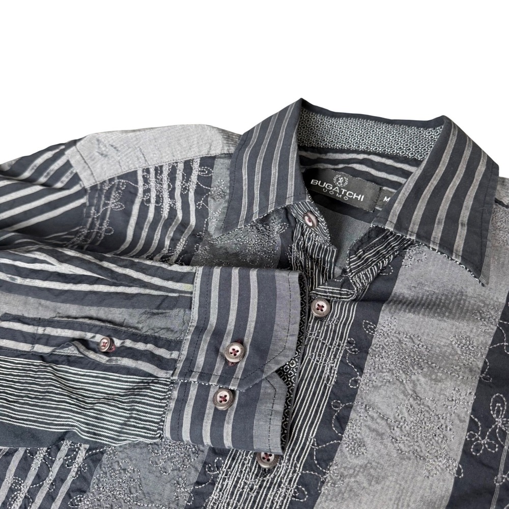 Bugatchi Uomo Mens Embroidered Button Down Shirt M Striped Floral Mixed‎ Media